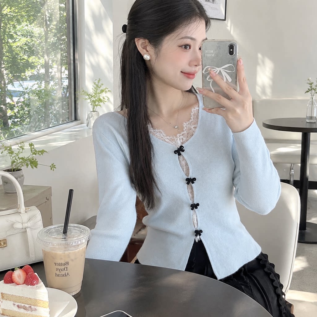 V领假两件蕾丝蝴蝶结针织开衫