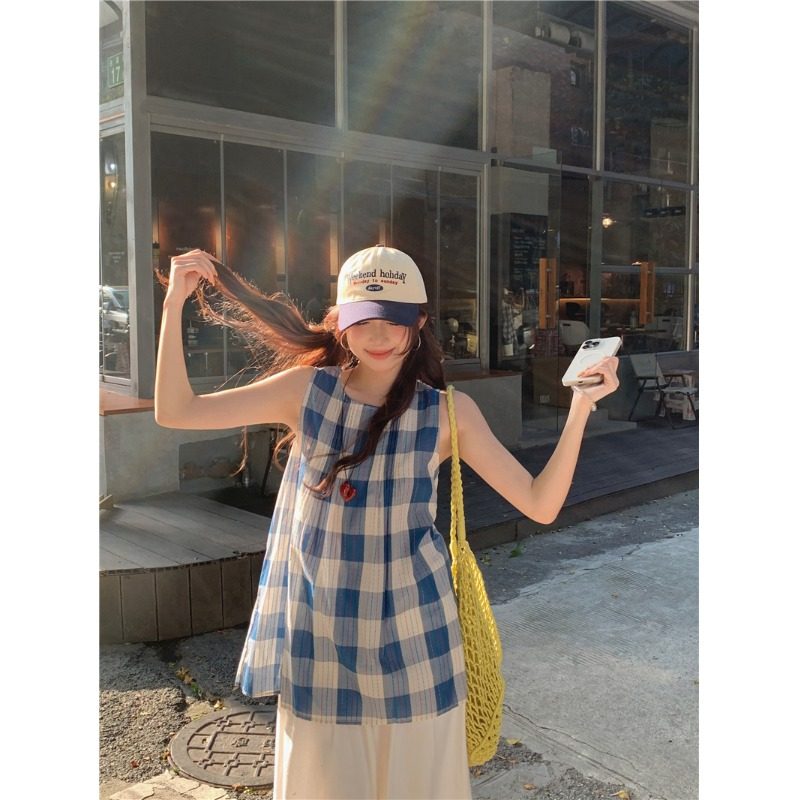 韩系新款蓝色格子吊带连衣裙女夏季多巴胺绝美海边度假风背心裙子