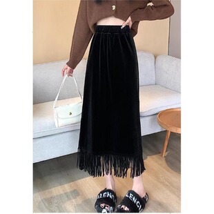 加绒中长款显瘦气质开叉直筒包臀裙秋冬女流苏丝绒高腰垂感半身裙