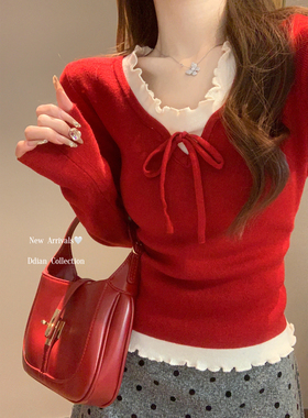 纯欲风蝴蝶结木耳边拼接长袖t恤女冬季红色显白假两件打底衫上衣