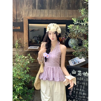 小众设计感美背碎花挂脖吊带背心夏季新款收腰显瘦度假辣妹上衣女