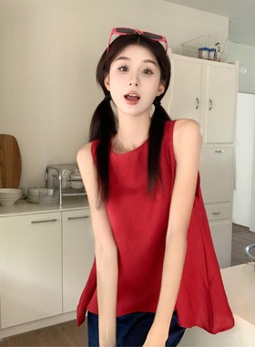 多巴胺少女简约小清新黄色无袖衬衫女夏季2024新款外穿显瘦上衣潮