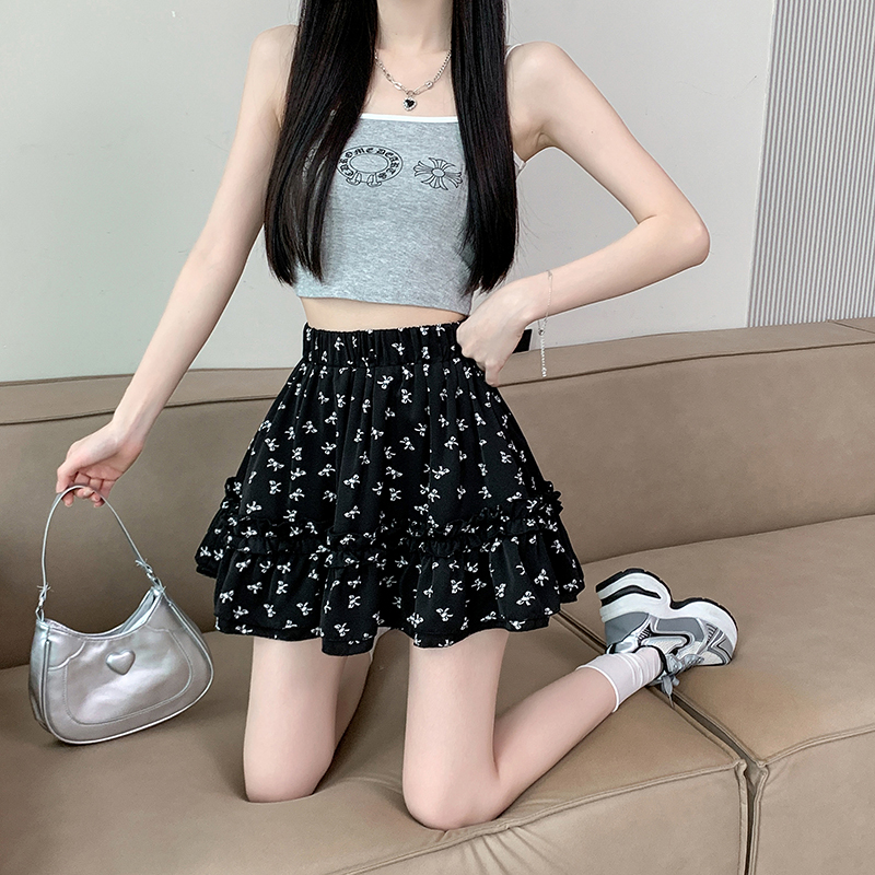 2025新款清新黑色碎花半身裙女春夏季高腰显瘦甜美法式蛋糕蓬蓬裙