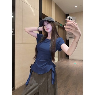 不规则收腰正肩短袖t恤女夏季2026新款大码胖mm显瘦遮肚开叉上衣