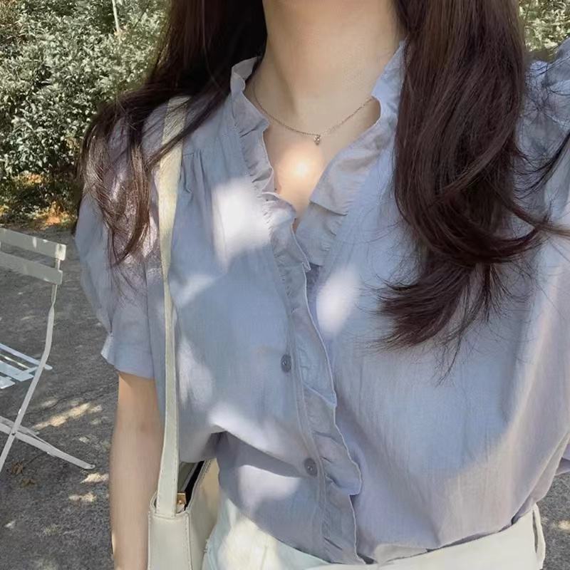 雪纺短袖衬衫女温柔风夏季新款百搭泡泡袖衬衣木耳边V领打底小衫