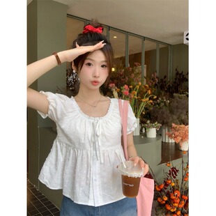 现货一字肩圆领泡泡袖衬衫女夏季短款娃娃衫白色短袖衬衣上衣新款