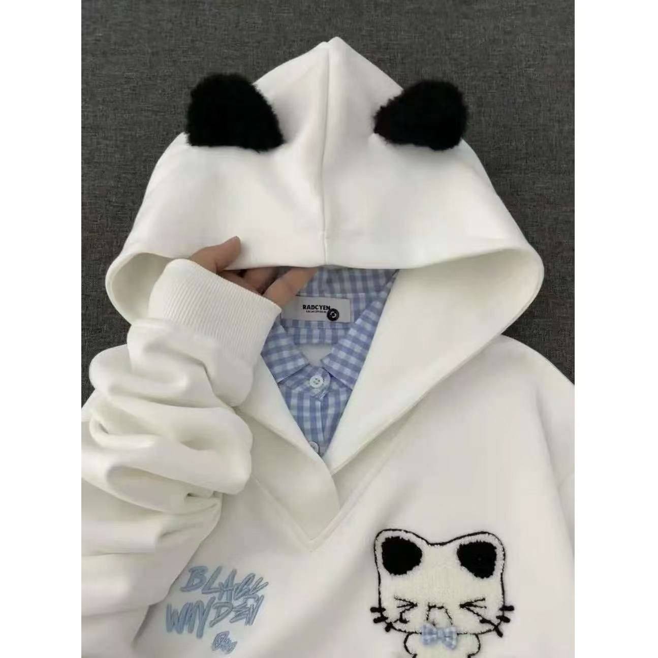 可爱猫咪假两件刺绣连帽卫衣女春秋季薄款情侣宽松慵懒风长袖上衣