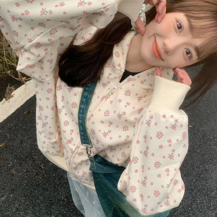 春秋碎花连帽宽松拉链卫衣女