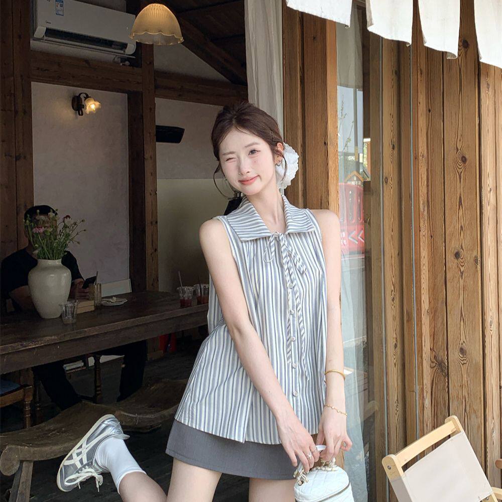 夏季撞色条纹POLO领短袖T恤女
