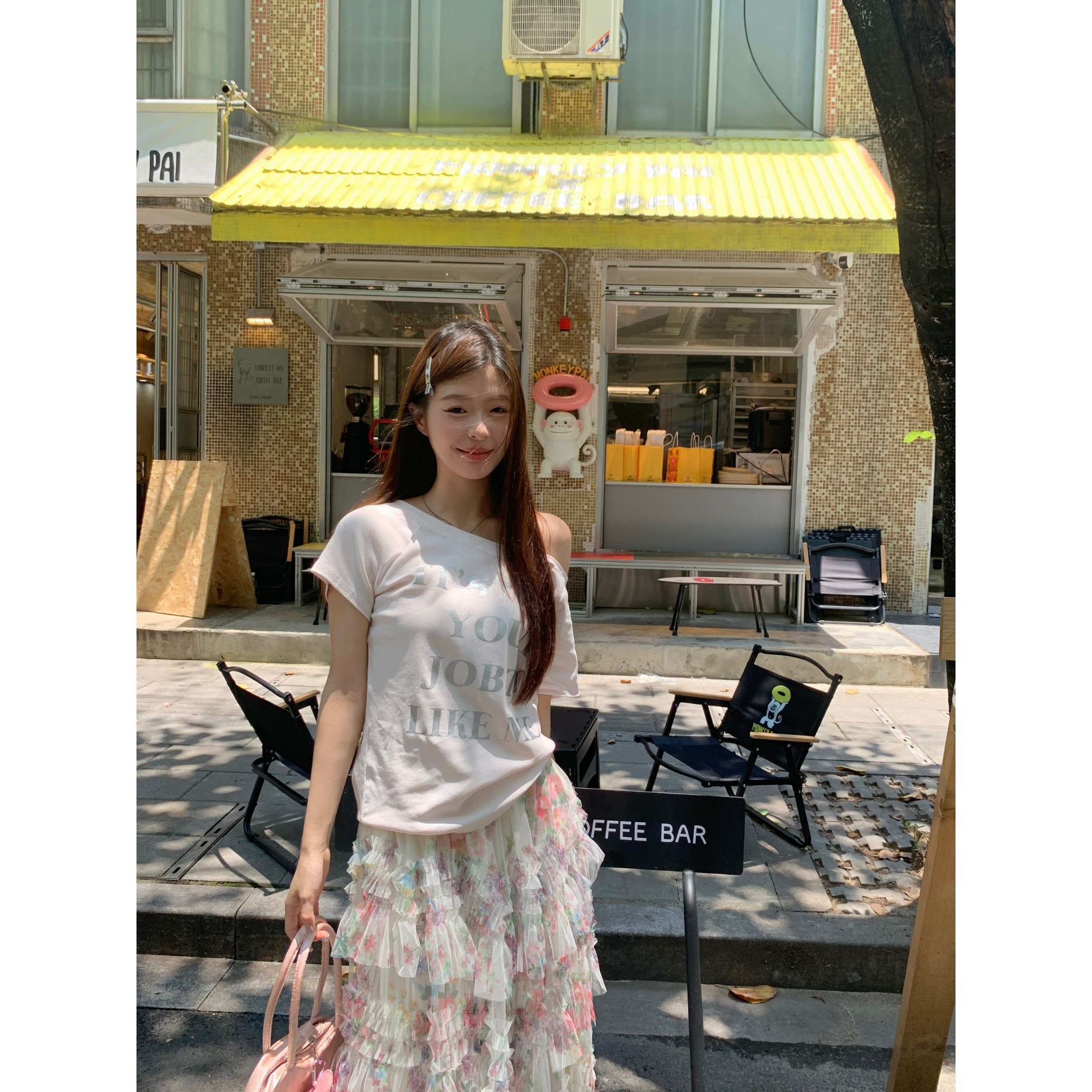 甜美少女感斜肩字母印花短袖T恤夏季宽松减龄显瘦百搭纯棉上衣女