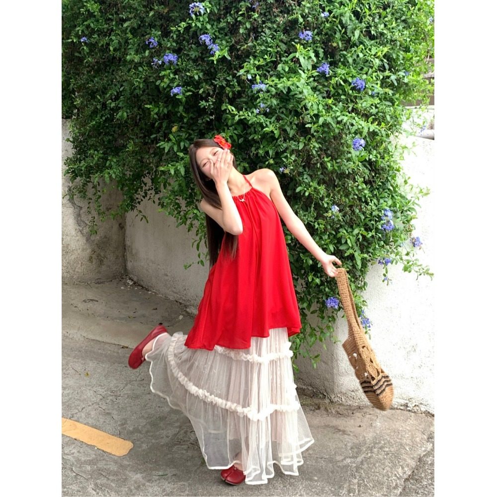 微醺甜桃吊带度假红色超仙搭配高腰夏季半身裙套装两件套甜美爆款