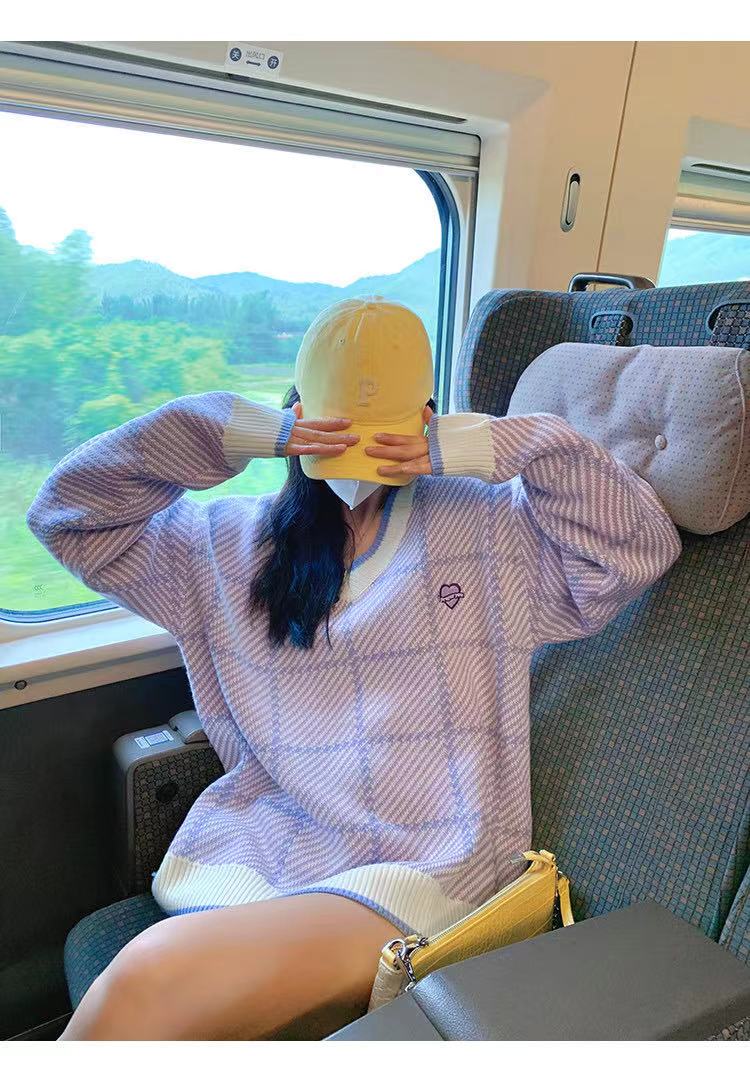 紫色V领软糯毛衣女上衣潮