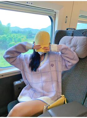 紫色V领软糯毛衣女2023秋冬季新款宽松外穿慵懒风韩版针织上衣潮