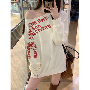 2024美式斜肩字母印花辣妹宽松ins秋季新款上衣设计感长袖卫衣女