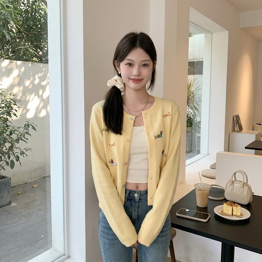 黄色慵懒风短款显瘦针织开衫