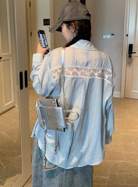 开春法式蓝色条纹衬衫女20226新款爆款宽松上衣设计感小众衬衣