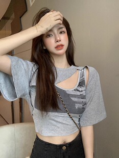 上衣套装 吊带背心短款 T恤两件套学生韩风Chic不规则半截罩衫 短袖