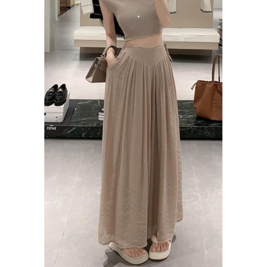 夏季松紧垂坠感褶皱高腰阔腿长裤裙女系带设计感小众气质飘飘裤子