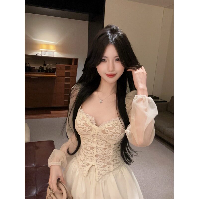 秋冬季法式纯欲蕾丝拼接打底衫女高级设计感小众收腰绝美长袖上衣