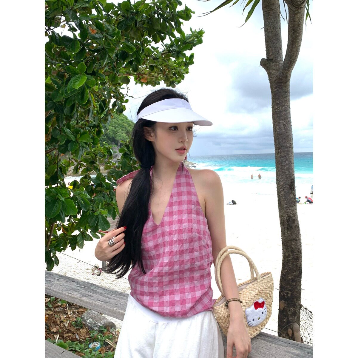 复古格纹露背v领挂脖吊带背心女夏季修身无袖外穿设计感辣妹上衣