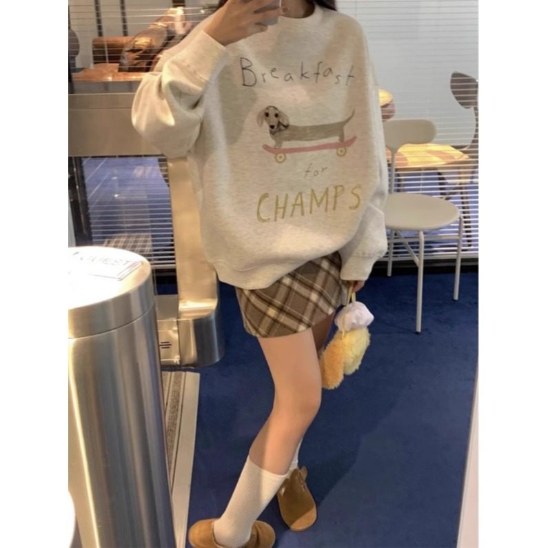 美式复古薄款加绒卫衣女学生宽松