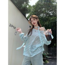 夏季新款微透宽松防晒空调罩衫条纹T恤女一字肩长袖薄款ins潮上衣