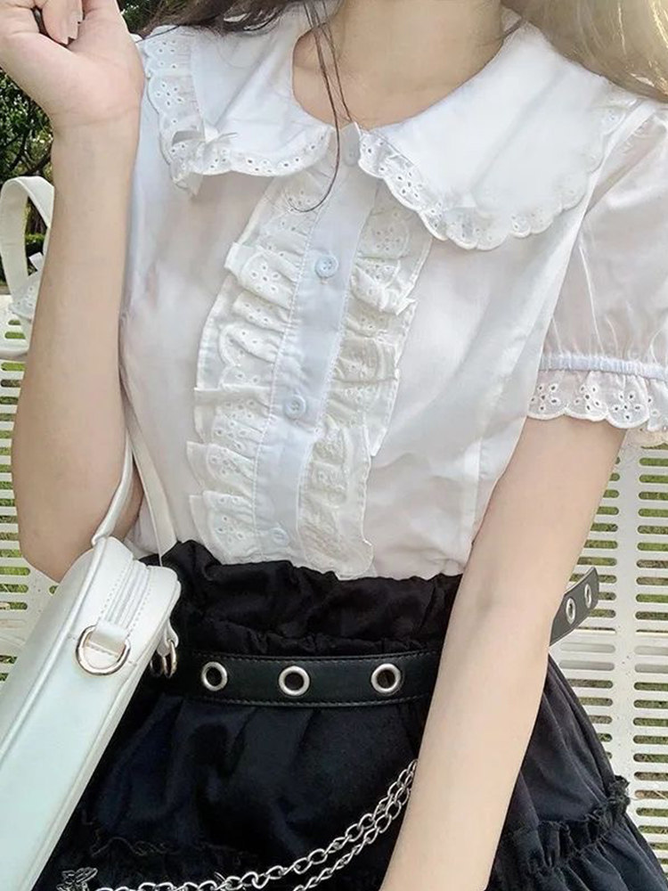 娃娃领衬衫甜美小个子白衬衫夏季2026年新款洋气花边短袖上衣女