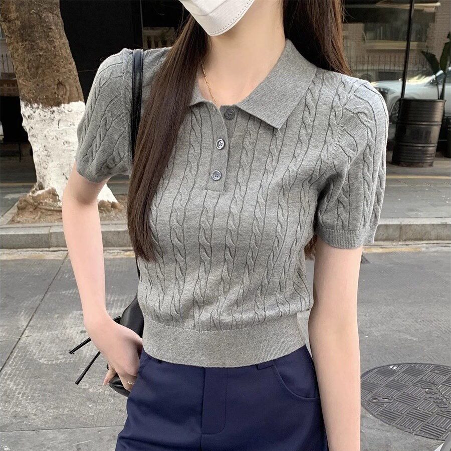 复古针织衫短袖T恤女夏季韩版休闲polo领麻花正肩小个子短款上衣