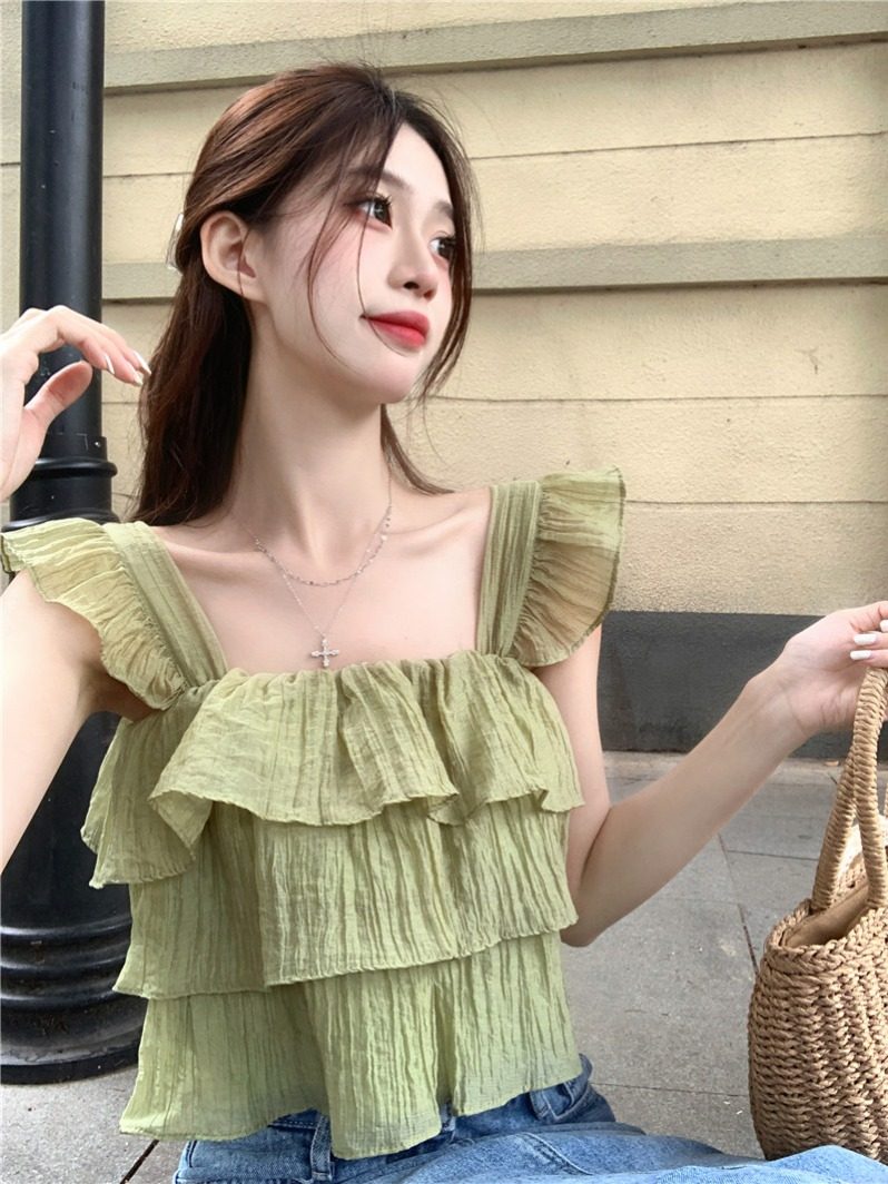 韩系女主温柔夏季小飞袖荷叶修身显瘦衬衣百搭洋气减龄小衫外上衣