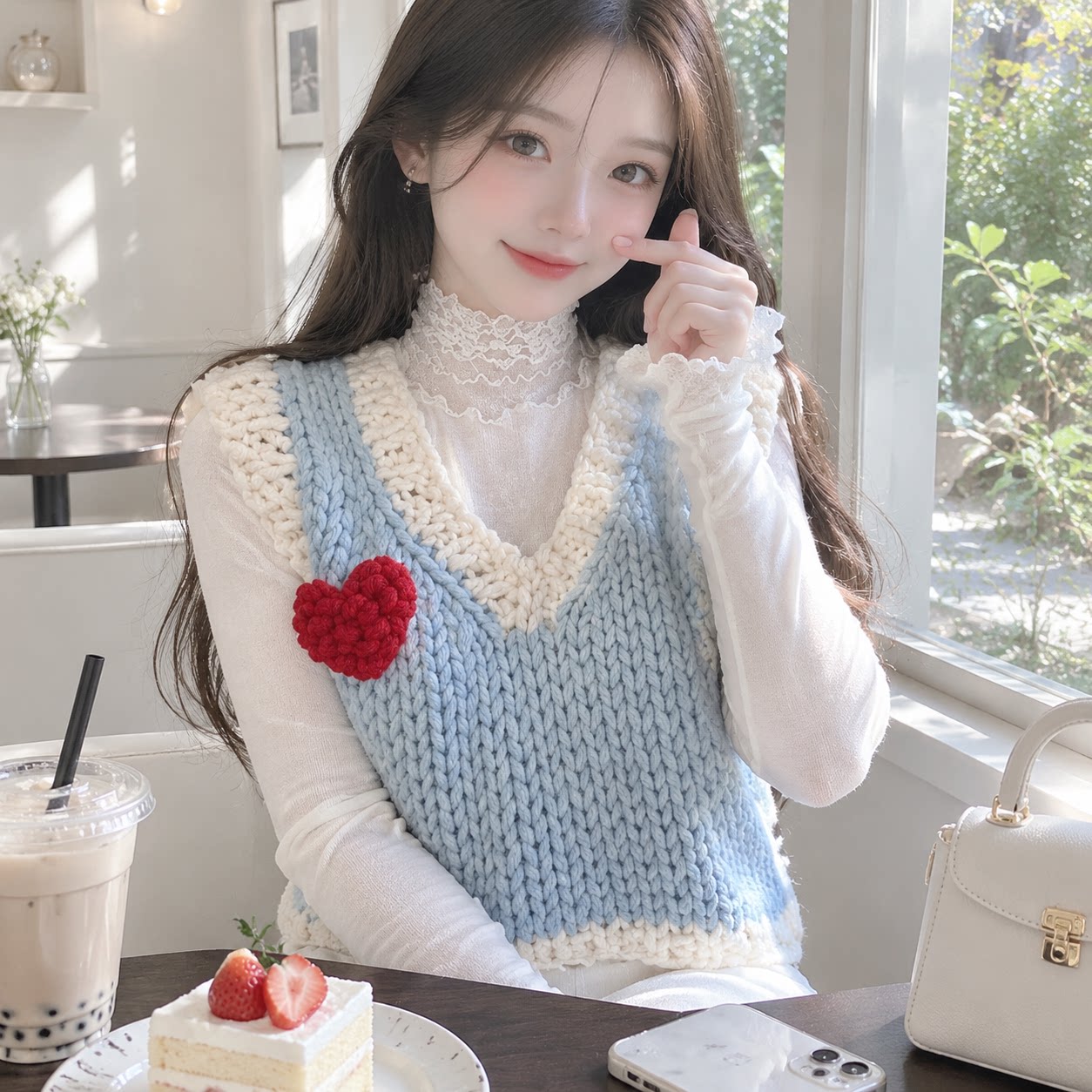 甜美手工编织爱心针织马甲女