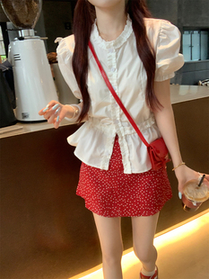 温柔风法式木耳边收腰显瘦短袖衬衫女2024新款春夏设计感小众衬衣