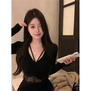 纯欲修身蕾丝拼接黑色打底衫女春秋冬季V领磨毛内搭小众独特上衣