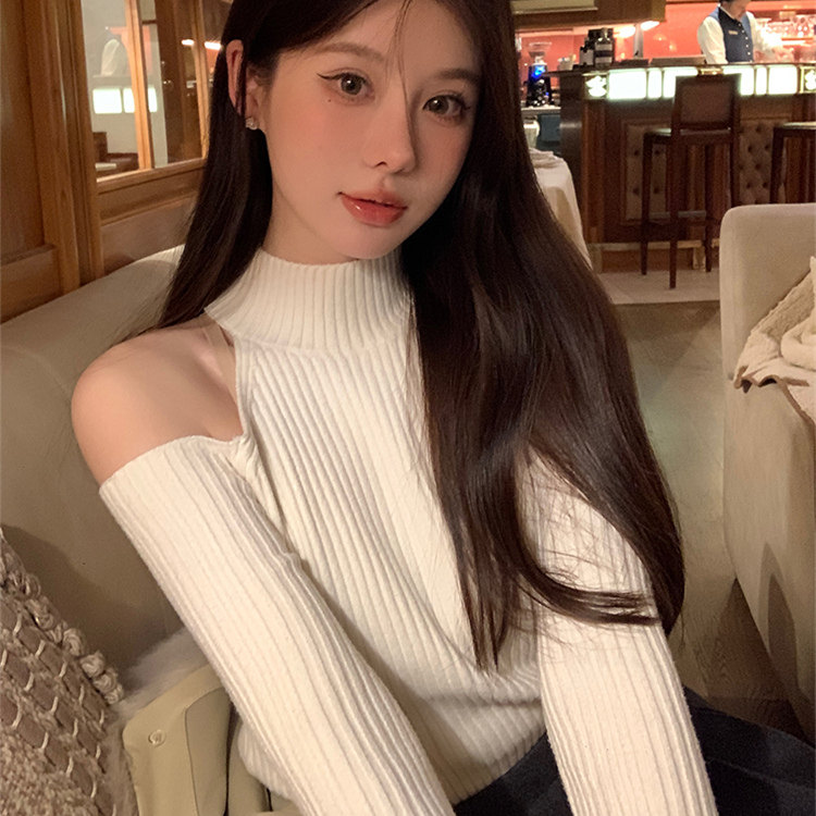 秋冬内搭别致绝美露肩长袖纯欲风半高领上衣甜美温柔修身针织衫女
