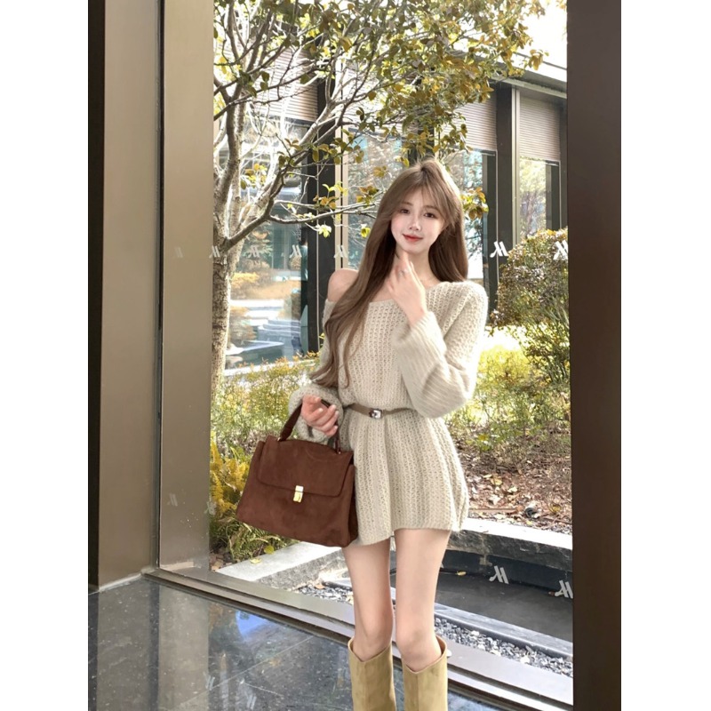 2025年新款慵懒镂空毛衣女秋季新款高级感宽松显瘦针织上衣配腰带