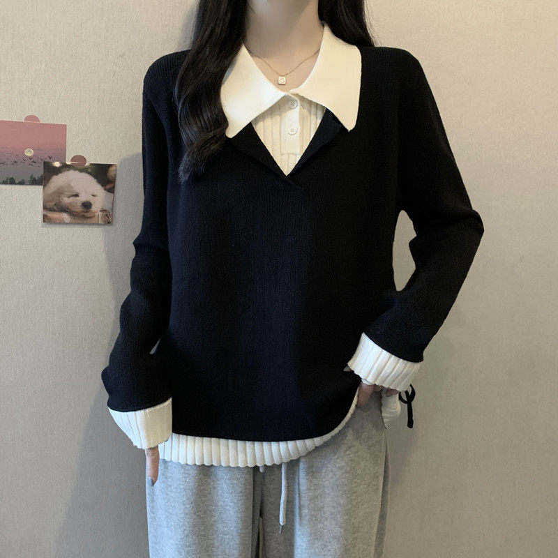 大码女装遮肚子假两件POLO领针织衫女秋冬胖妹妹宽松显瘦打底毛衣