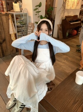 蓝色木耳边内搭打底衫白色吊带连衣裙套装女春法式高级感气质长裙