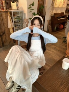 蓝色木耳边内搭打底衫白色吊带连衣裙套装女春法式高级感气质长裙