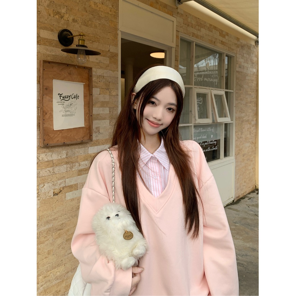 学院风拼接假两件条纹衬衫领套装