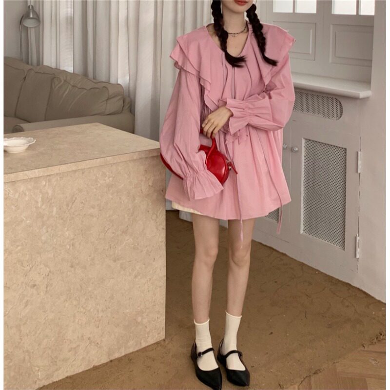 荷叶边翻领长袖衬衫女春季2026新款法式小众设计感宽松中长款上衣