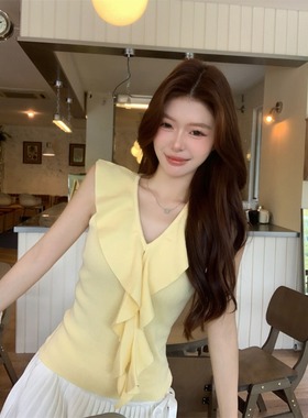 多巴胺黄色针织吊带背心女夏季纯欲辣妹v领无袖上衣泰式独特绝美