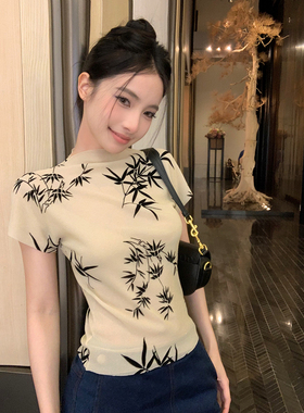 新中式水墨印花短袖T恤女夏季国风修身显瘦设计感圆领短款小上衣
