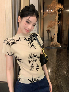 新中式水墨印花短袖T恤女夏季国风修身显瘦设计感圆领短款小上衣