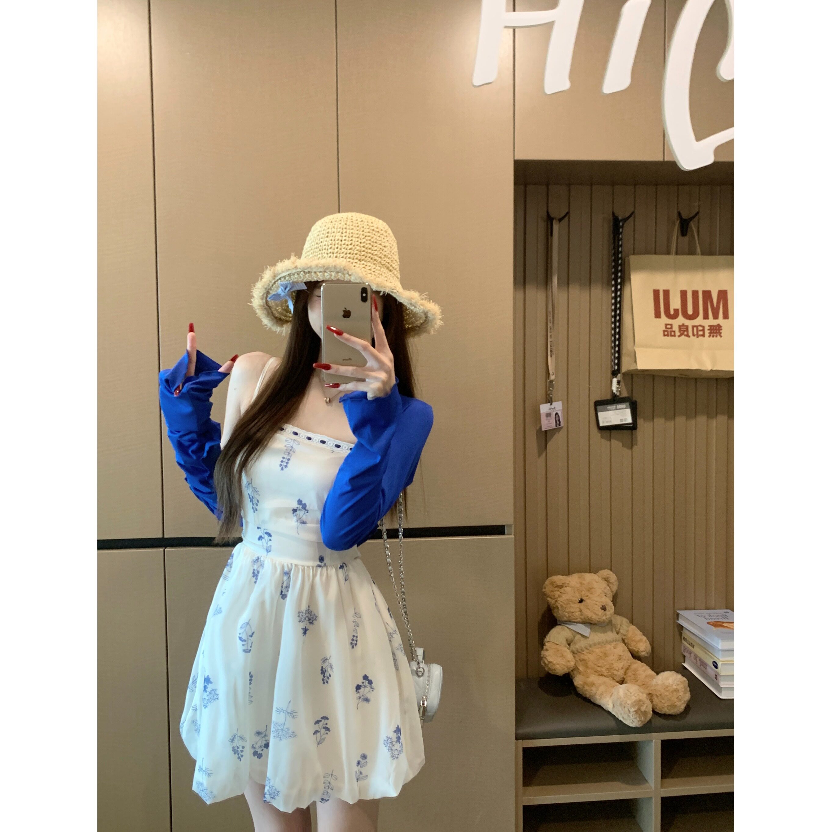 克莱因蓝针织开衫女夏季法式收腰印花吊带连衣裙花苞短裙甜美套装