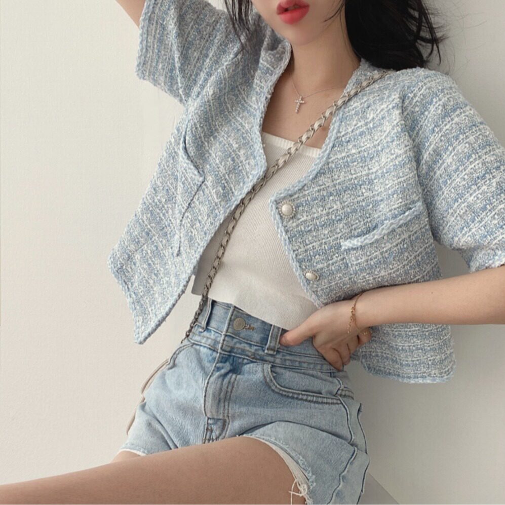 法式chic设计感小众短袖小香风外套开衫女夏季新款名媛炸街短上衣