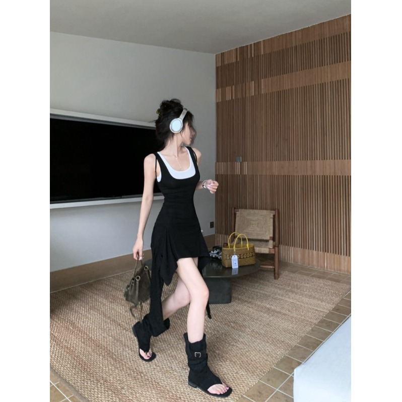 美式辣妹吊带连衣裙子女夏季不规则两件套修设计感黑色无袖背心群