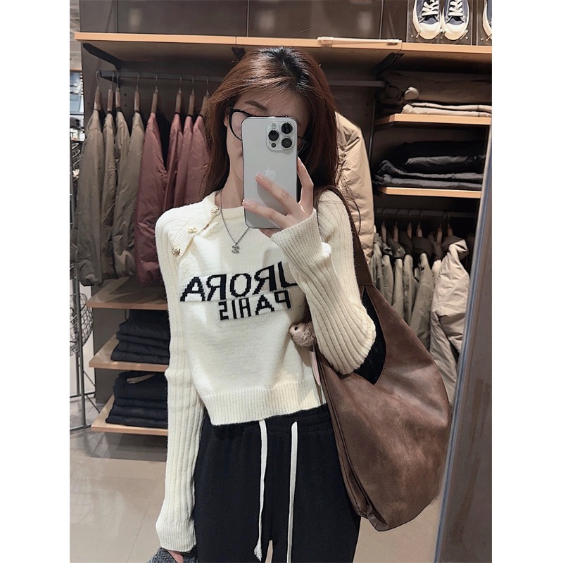 温柔短款毛衣女字母提花设计感小众洋气针织衫甜美长袖上衣打底衫