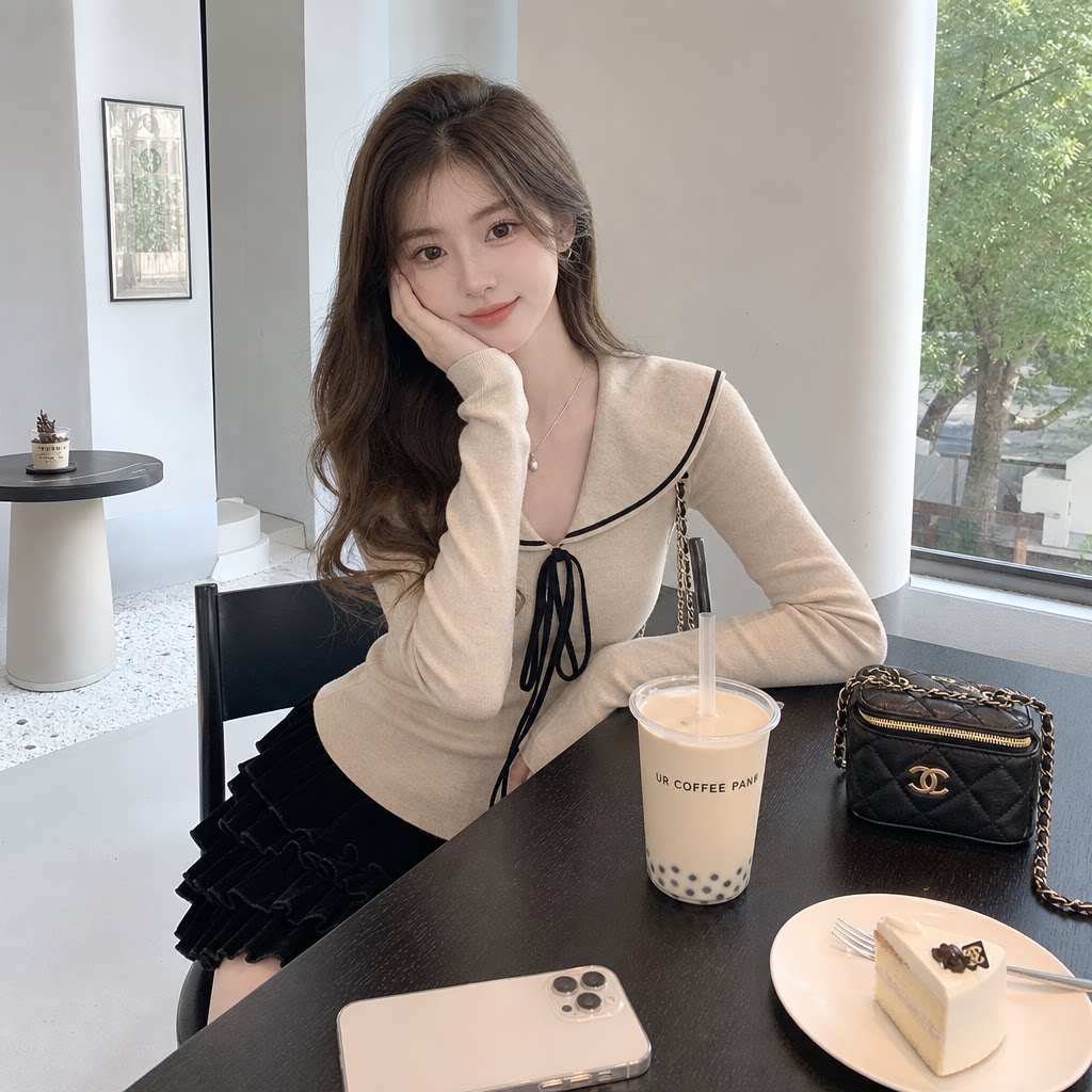 miu系甜美娃娃领系带针织上衣
