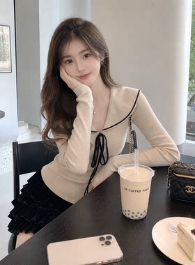 miu系甜美娃娃领系带针织上衣