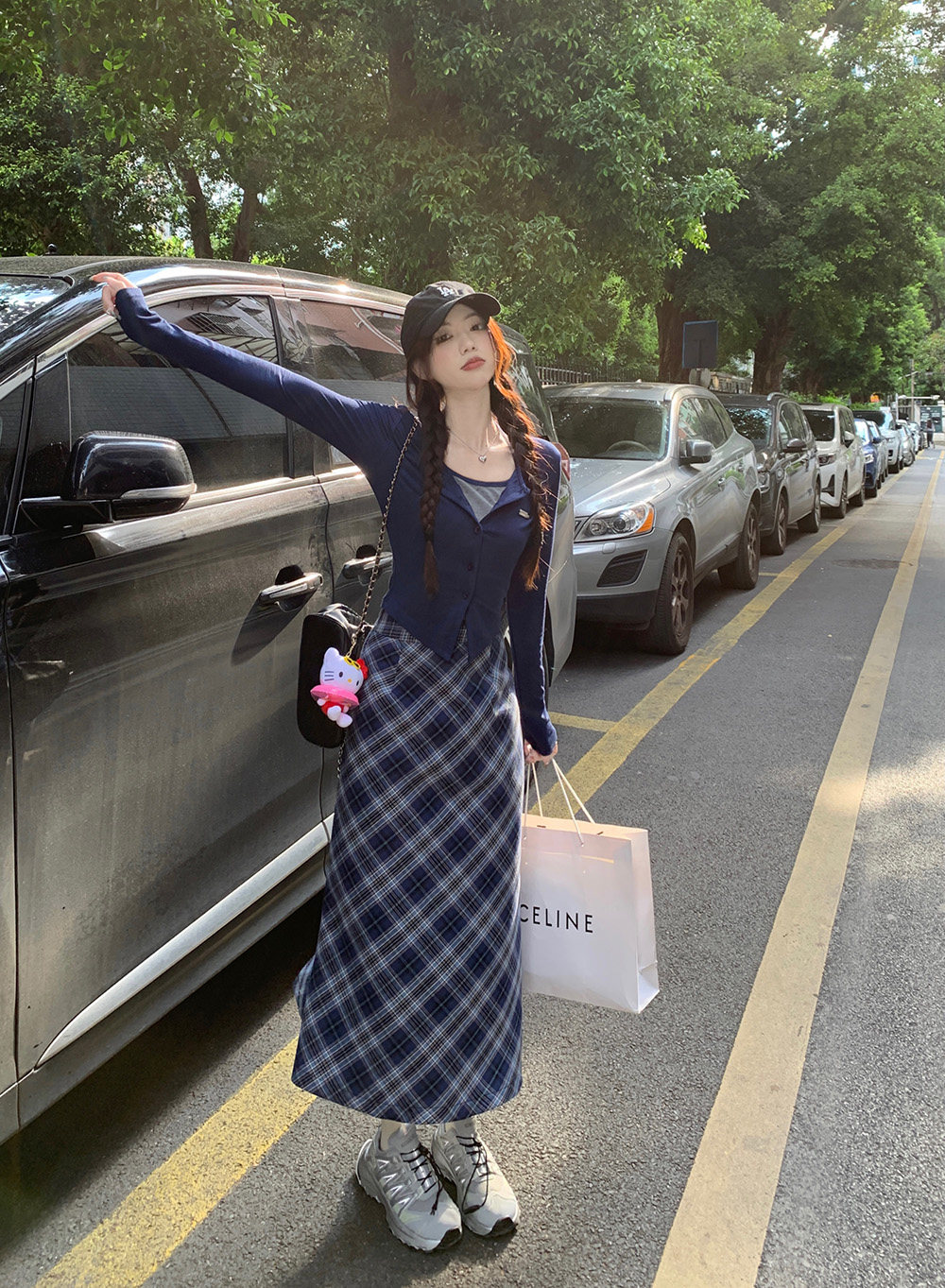 假两件修身长袖开衫上衣女装秋季套装中长款a字格子半身裙两件套