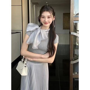 温柔风巨美蝴蝶结短袖上衣夏季新款气质简约修身法式小香风T恤女